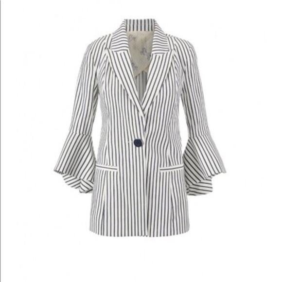 CAbi Women's White Navy Striped Bell Sleeve Blazer Jacket Size 2 Classy Elegant - Picture 13 of 14